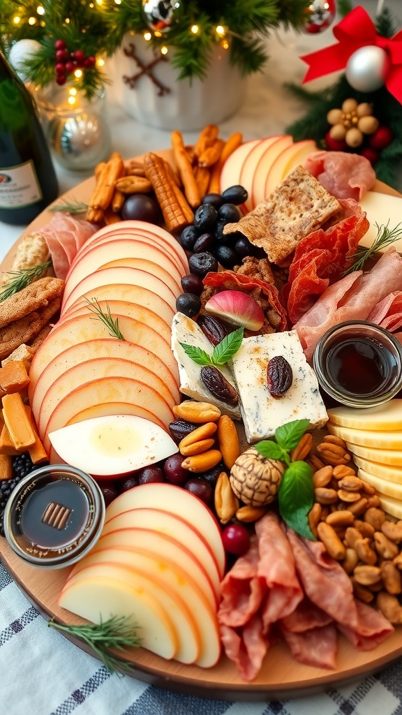 A festive charcuterie board with apple slices, cheeses, meats, nuts, and garnishes, perfect for holiday gatherings.